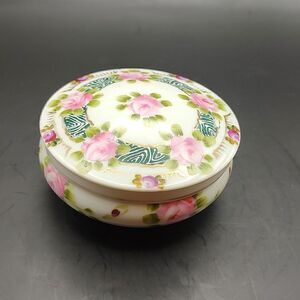 Nippon Hand Painted Floral Lidded Powder Jar Gold Trim Accents Vintage Stamped
